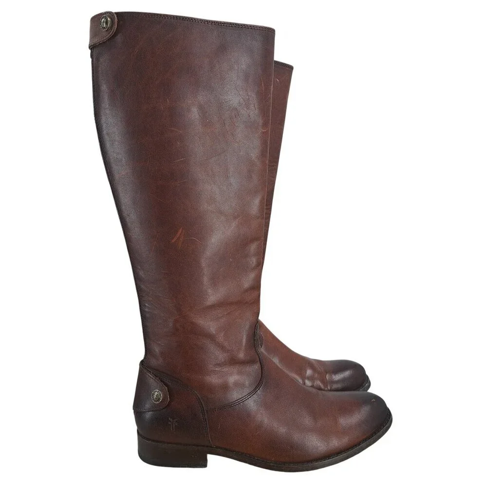 Frye Melissa Knee High Leather Brown Riding Boots Size 6.5 Distressed Snap Zip